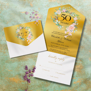 50周年結婚記念日 モノグラム フラワー ゴールド オールインワン招待状