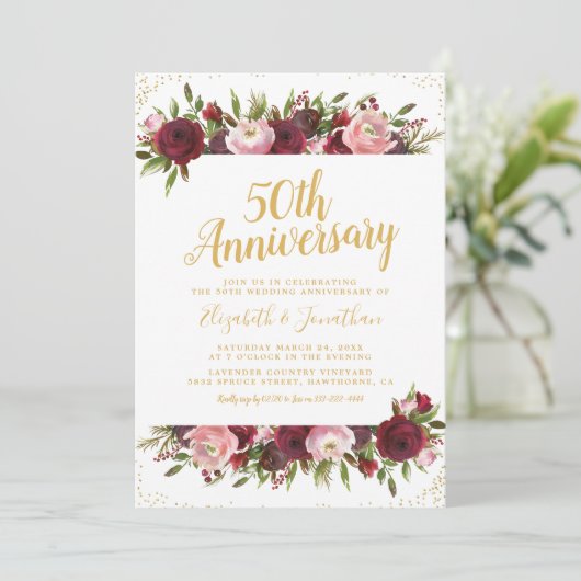 50周年結婚記念日 ワインレッド ブラッシュ ゴールド 招待状 (スタンド正面)
