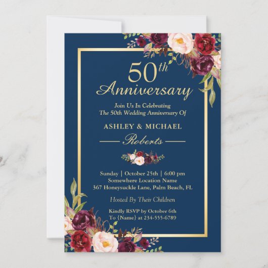 50周年結婚記念日 ワインレッド 花柄 ネイビーブルー 招待状 (正面)
