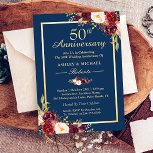 50周年結婚記念日 ワインレッド 花柄 ネイビーブルー 招待状