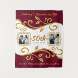 50周年結婚記念日 写真を追加 赤 ゴールド タペストリー
