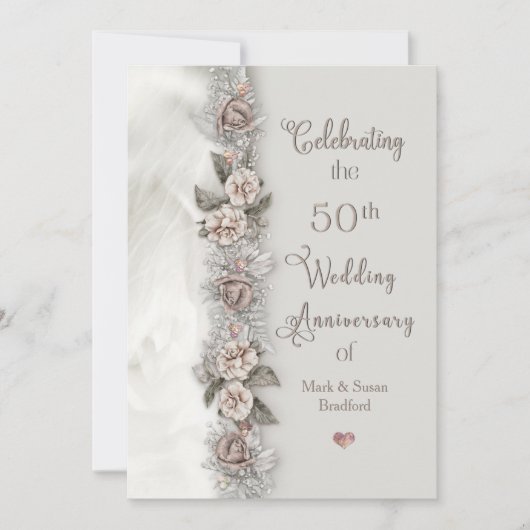 50周年結婚記念日 夢のような花のベージュのローズ 招待状 (正面)