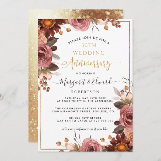 50周年結婚記念日、金とバーガンディの花 招待状 (正面/裏面)