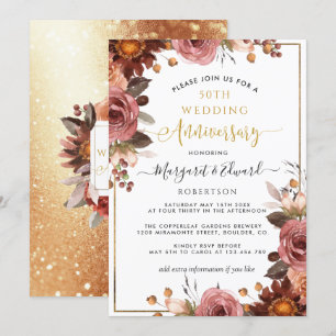50周年結婚記念日、金とバーガンディの花 招待状