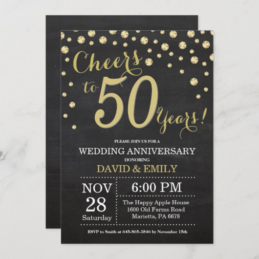 50周年結婚記念日 黒板 ゴールド 招待状 (正面/裏面)