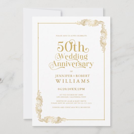 50周年結婚記念 ゴールド フラワーフレーム 招待状 (正面)