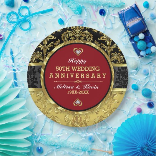 50周年結婚赤金ゴールドと黒 ペーパープレート (パーティー)