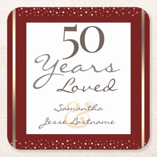 50周年結婚金ゴールドスエレガントクエア スクエアペーパーコースター (正面)