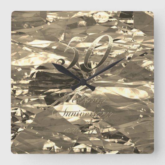 50周年結婚1970 2020シックなフェイク金ゴールド スクエア壁時計 (正面)