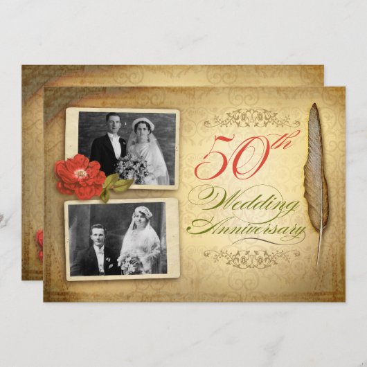 50周年結婚2枚の写真ヴィンテージ招待状 招待状 (正面/裏面)