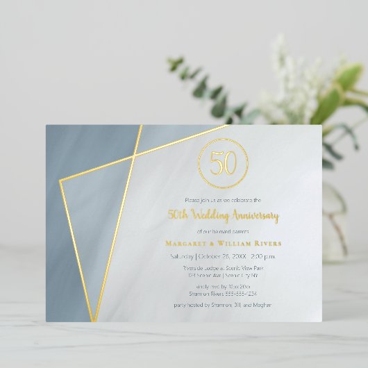 50周年記念お祝いほこりっぽい青金ゴールド枠 箔招待状 (立ち正面)