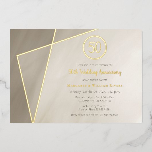 50周年記念お祝いアンティークグレー金ゴールドフォイ 箔招待状 (正面)