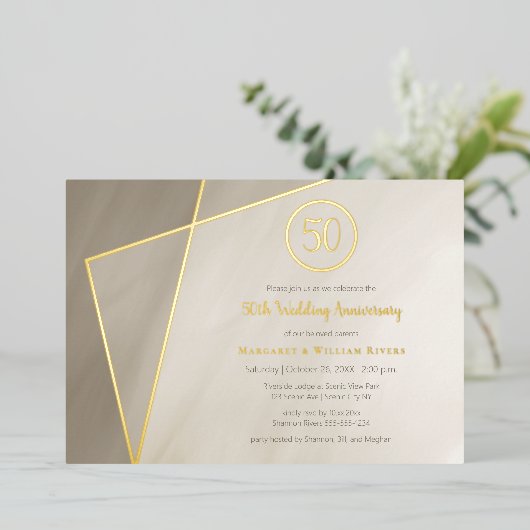 50周年記念お祝いアンティークグレー金ゴールドフォイ 箔招待状 (立ち正面)