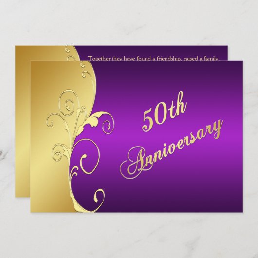 50周年記念のゴールドのスクロールが付いたパープル 招待状 (正面/裏面)