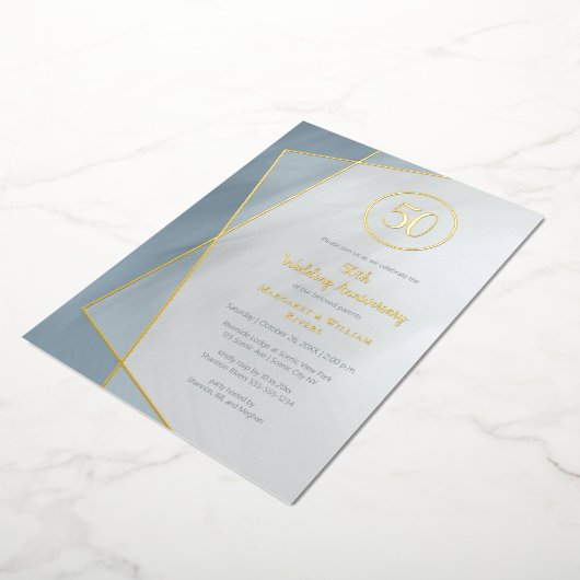 50周年記念のダスティーブルーグレーにゴールドの箔押し 箔招待状 (回転した状態)
