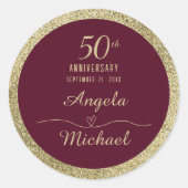 50周年記念のバーガンディゴールドグリッタースクリプト ラウンドシール (正面)