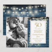 50周年記念のレトロなライトとグリーン写真 セーブザデート (正面/裏面)