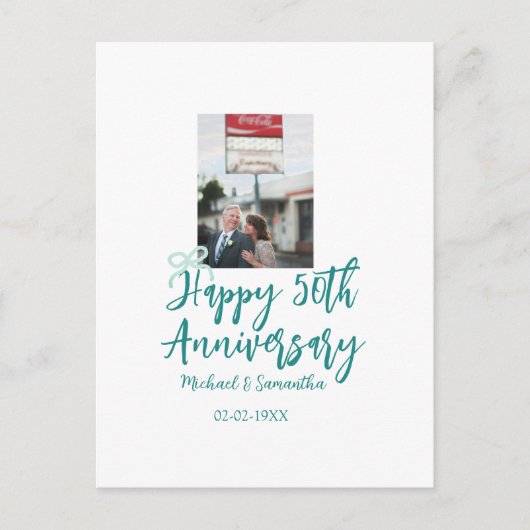 50周年記念の写真ターコイズのリボン名入りだ ポストカード (正面)