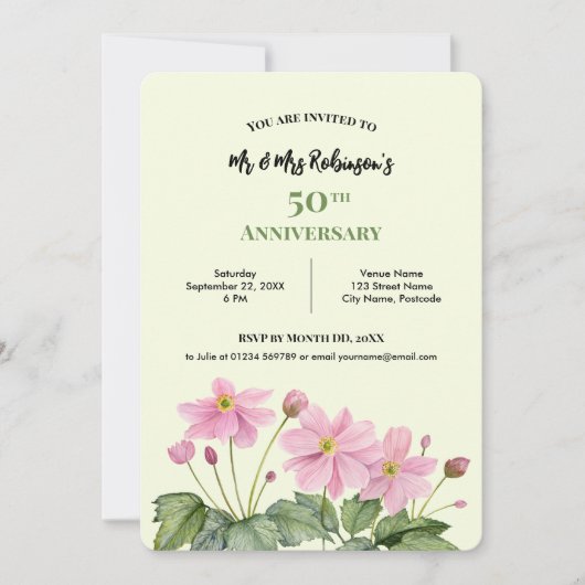 50周年記念の水彩ピンクの日本人参 招待状 (正面)