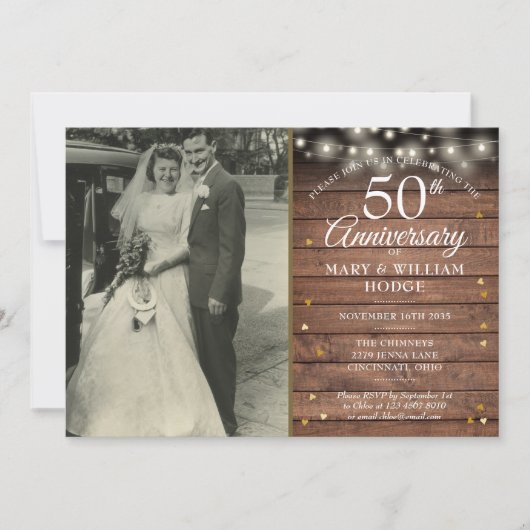 50周年記念の素敵なゴールドハート ウェディングフォト 招待状 (正面)