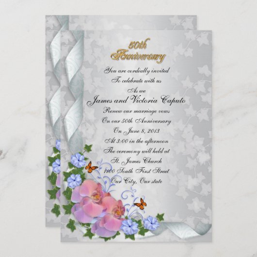 50周年記念の誓いの更新 エレガントな花 オーキッド 招待状 (正面/裏面)
