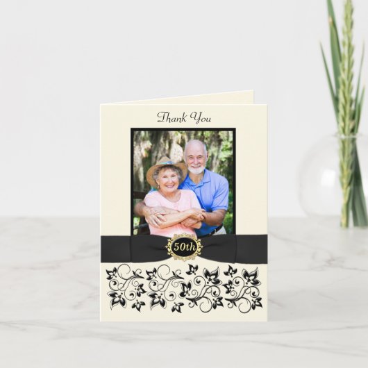 50周年記念アイボリーブラックフローラサンキューカード サンキューカード (正面)