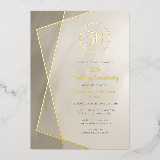 50周年記念アンティークグレー金ゴールド 箔招待状 (正面)