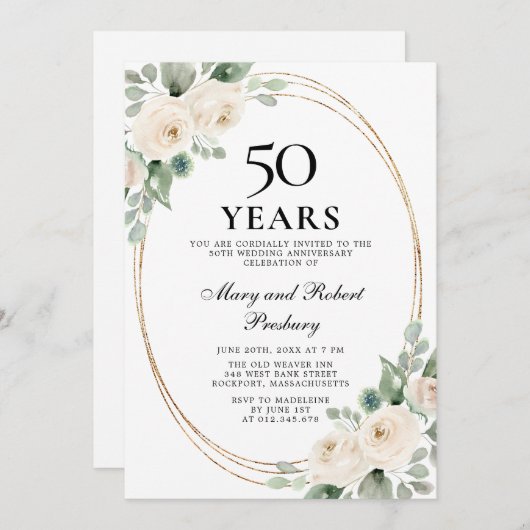 50周年記念エレガントパーティーホワイトローズフローラ 招待状 (正面/裏面)