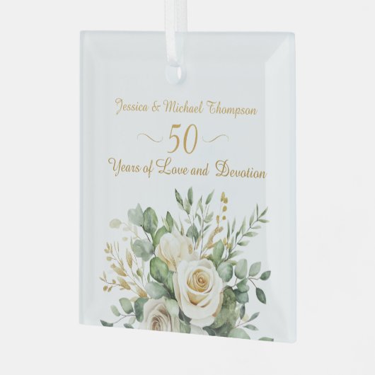 50周年記念エレガントホワイトローゼス金ゴールドリングや輪 ガラスオーナメント (正面左)