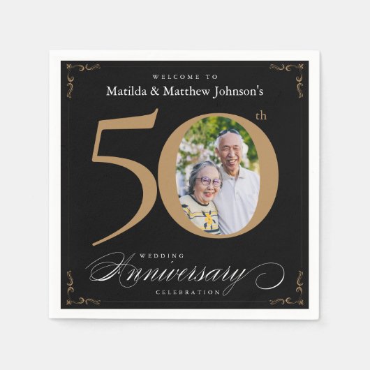 50周年記念クラッシーブラック金ゴールド書道昼寝 スタンダードカクテルナプキン (正面)