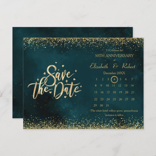 50周年記念グリーン結婚の日付カレンダー 案内ポストカード (正面/裏面)