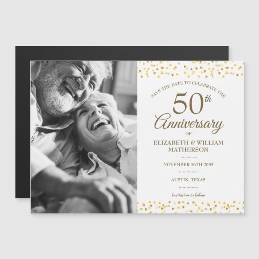 50周年記念ゴールデンハート保存日付写真 マグネット招待状 (正面/裏面)