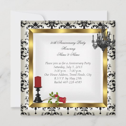 50周年記念ゴールドシャンデリア赤いバラのキャンドル 招待状 (裏面)