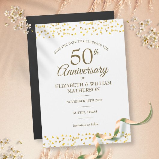 50周年記念ゴールドハートのセイヴ・ザ・デート マグネット招待状
