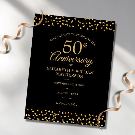 50周年記念ゴールドハートのセイヴ・ザ・デート 案内ポストカード