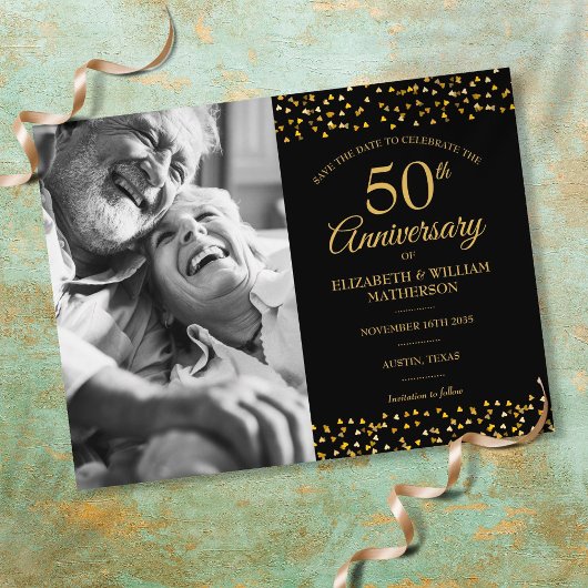 50周年記念ゴールドハートの大切なお知らせフォト 案内ポストカード