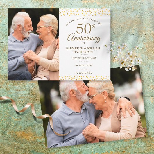 50周年記念ゴールドハートの2枚の写真付きSave the Date 案内状
