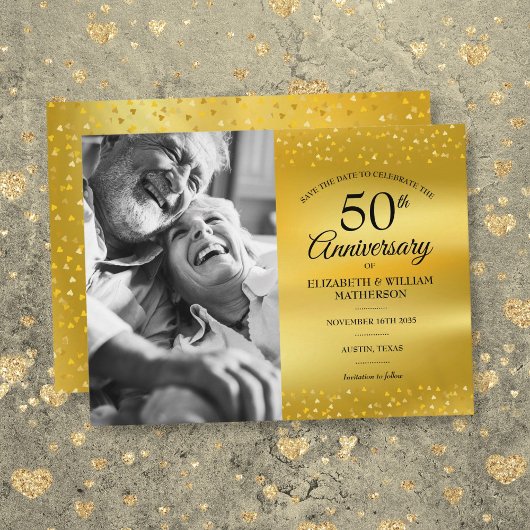 50周年記念ゴールドフォイル セーブ・ザ・デート 写真入り 案内ポストカード