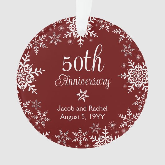 50周年記念スノーフレーク赤カスタムウェディング オーナメント (正面)