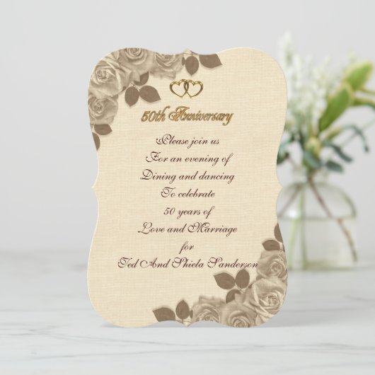 50周年記念セピア図解入りの、写真付きのバラ 招待状 (スタンド正面)