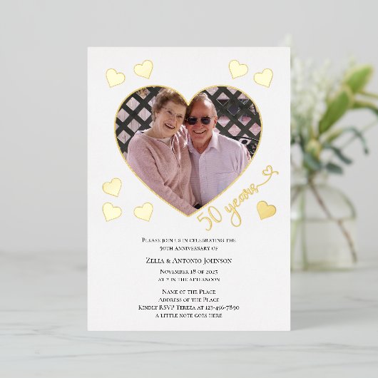 50周年記念ハートフォトフレームフォイル招待状 箔招待状 (立ち正面)
