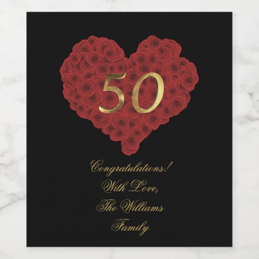 50周年記念ハートレッドローズカスタム文字 ワインラベル (シングルラベル)