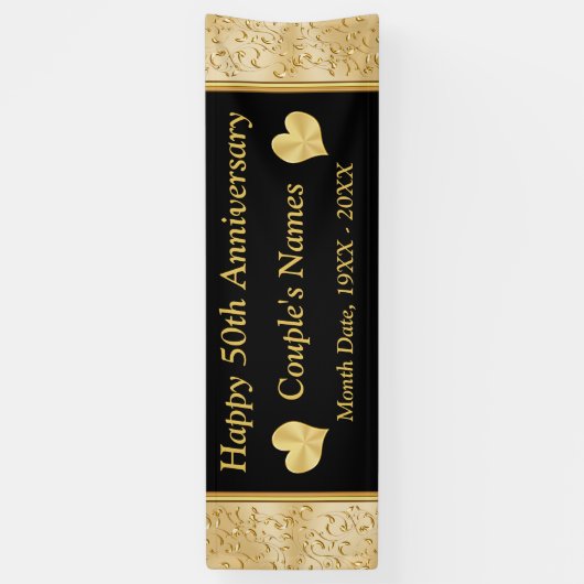 50周年記念パーソナライズされたバナー、ブラック、金ゴールド 横断幕 (縦)