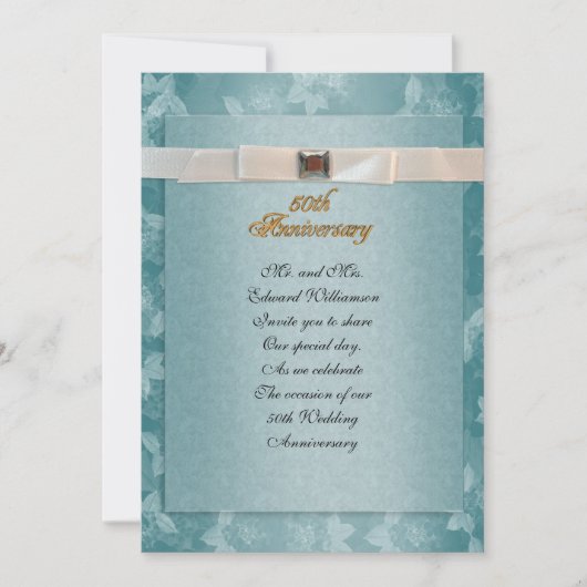 50周年記念パーティの招待状フォーマルティール(緑がかった色)青 招待状 (正面)