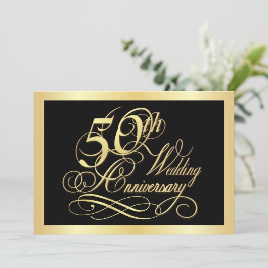 50周年記念パーティの招待状-金ゴールドとブラック 招待状 (スタンド正面)