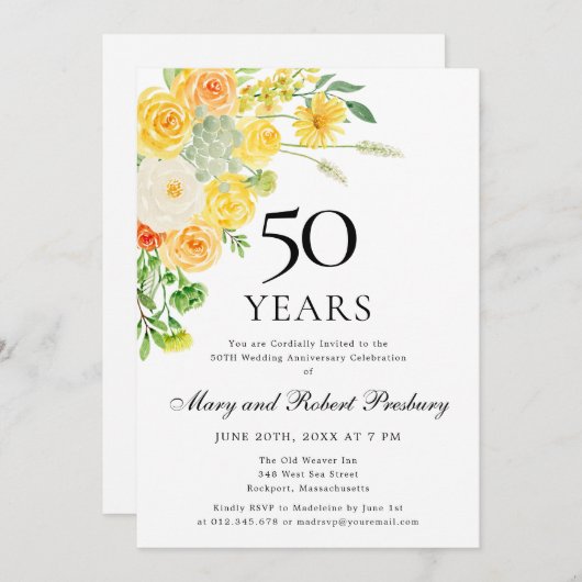 50周年記念パーティーイエローホワイトフローラ 招待状 (正面/裏面)