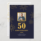 50周年記念パーティーネイビーブルー金ゴールド花火 招待状 (正面/裏面)