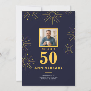 50周年記念パーティーネイビーブルー金ゴールド花火 招待状