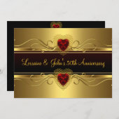 50周年記念パーティーブラック金ゴールド赤いハート 招待状 (正面/裏面)
