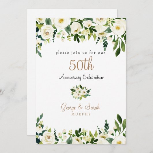 50周年記念パーティーホワイトフローラモノグラム 招待状 (正面/裏面)